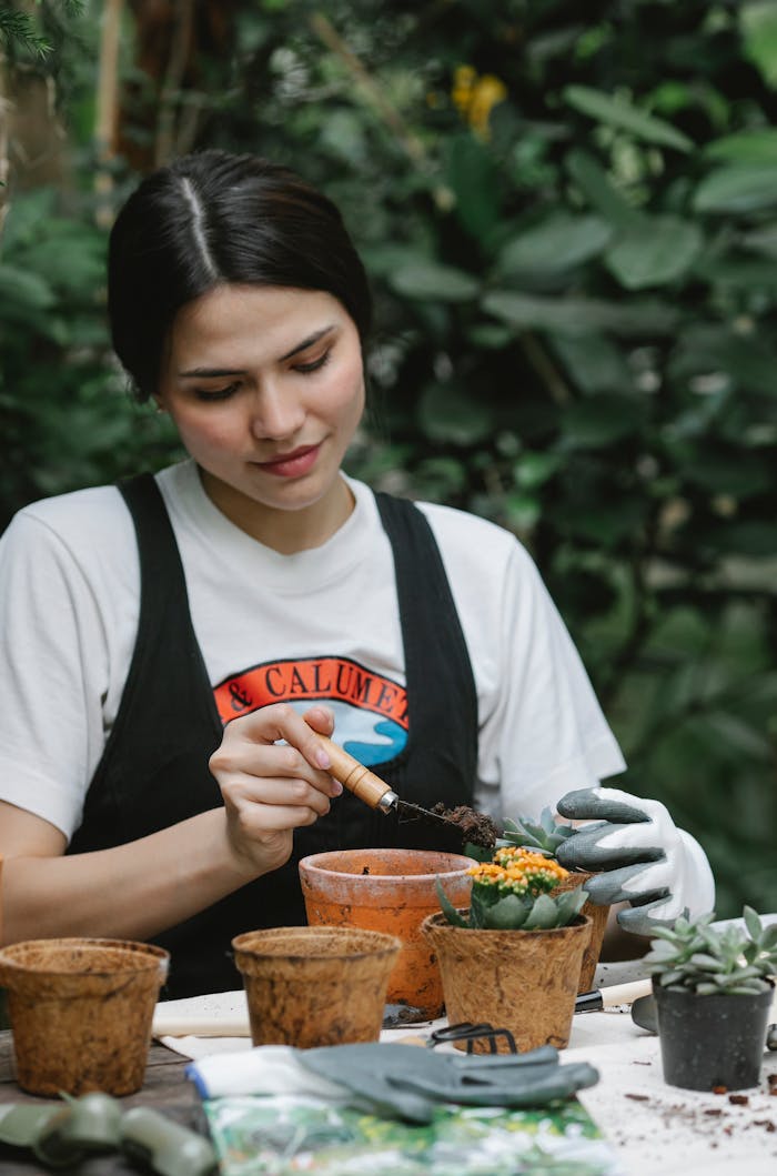 Woman with gardening instrument planting blooming succulent flower sitting at table in backyard